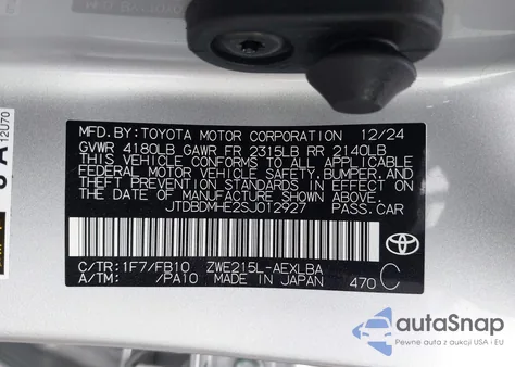 2025 Toyota Corolla Hybrid Le из США, поврежденный, VIN JTDBDMHE2SJ012927